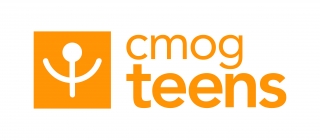 An orange box with an abstract white semicircle and circle in the middle. On the right are the words "cmog teens"